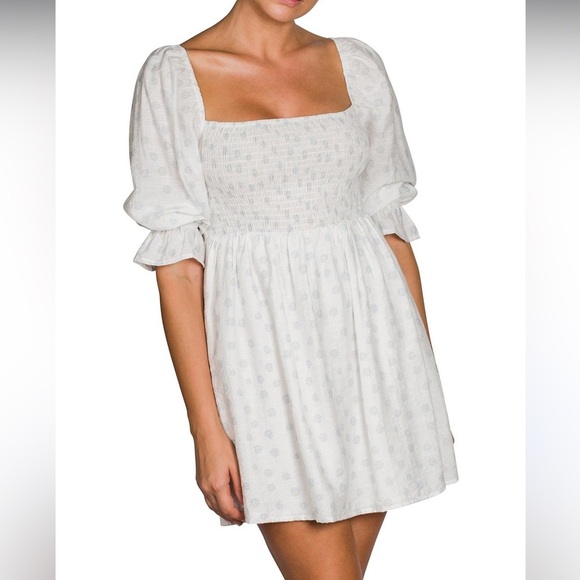 Girl And The Sun Dresses & Skirts - Girl And The Sun Lucia White Blue Flowered Smocked Babydoll Mini DressDress